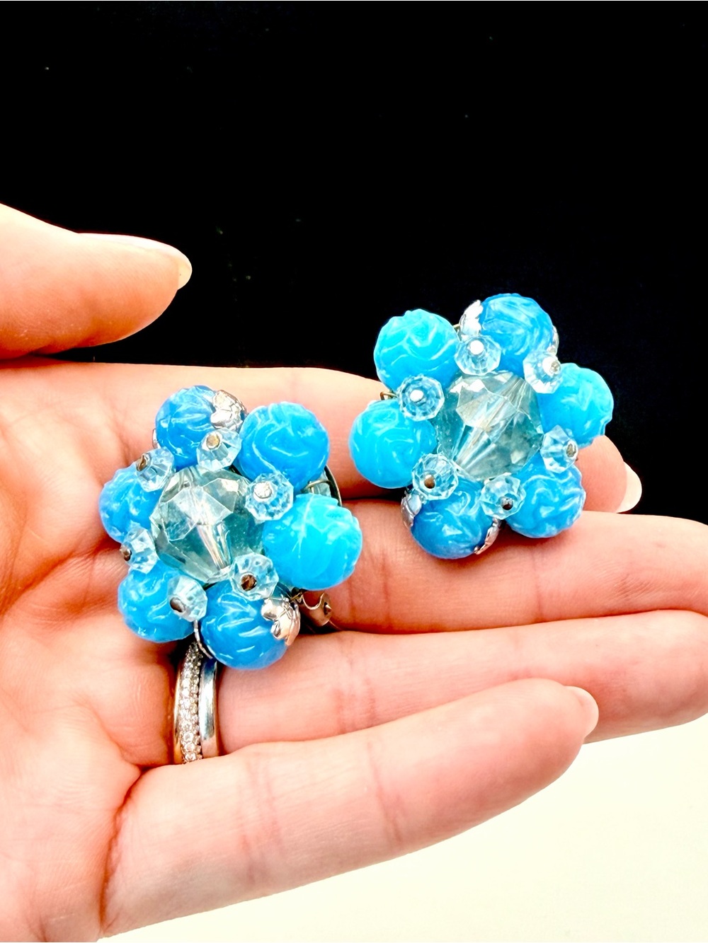 Vintage Western Germany Blue Plastic Cluster Clip On Earrings MCM Floral